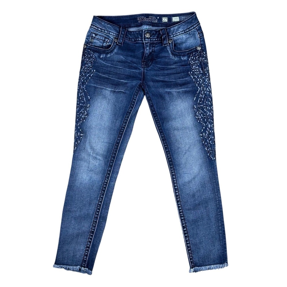 Miss Me Signature Ankle Skinny Jeans Women's 27‎ Blue Mid-Rise Embellished